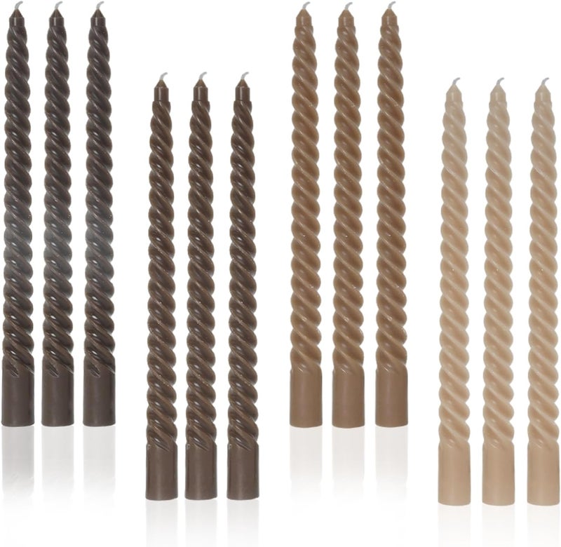 LPUSA Brown Tall Taper Candles Spiral Candle Sticks,Unscented Pastel Candle for Holiday,Wedding and Home Decoration,10inch,12 Pack(E-Gradient Brown) - Image 1